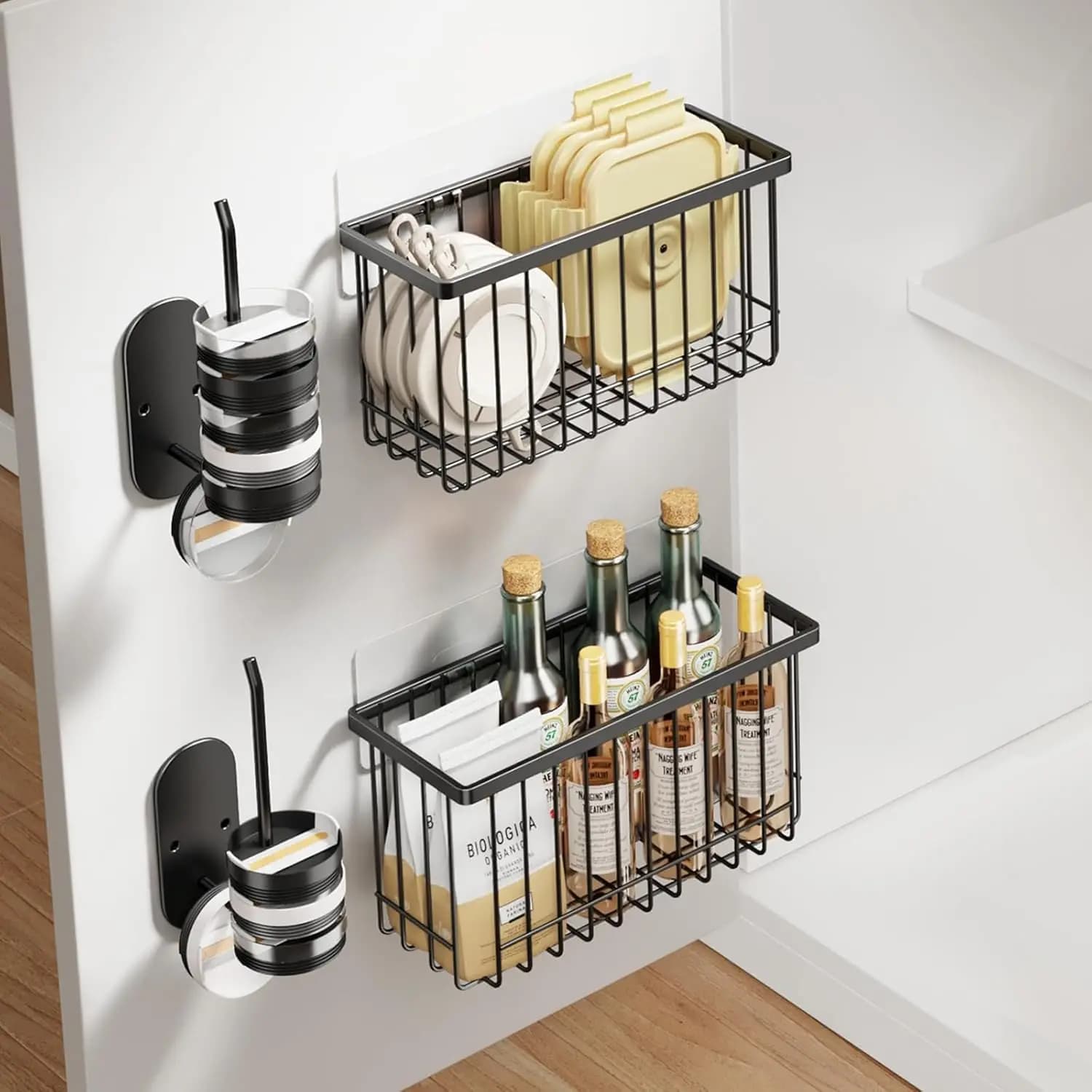 Set di 4 Organizzatori Neri per Porte di Armadi, per Contenitori Alimentari e Coperchi di Bicchieri, Soluzione di Stoccaggio a Parete per Cucina e Bagno