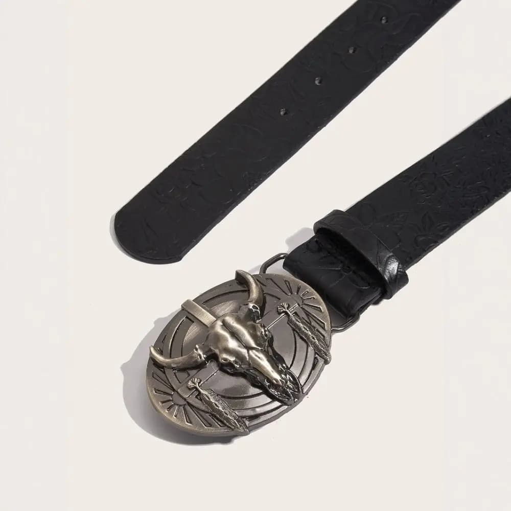 Luxury Carved Western Cowboy Belt Retro Cow Head Buckle Embossed Belt Vintage Waistband For Man Women
