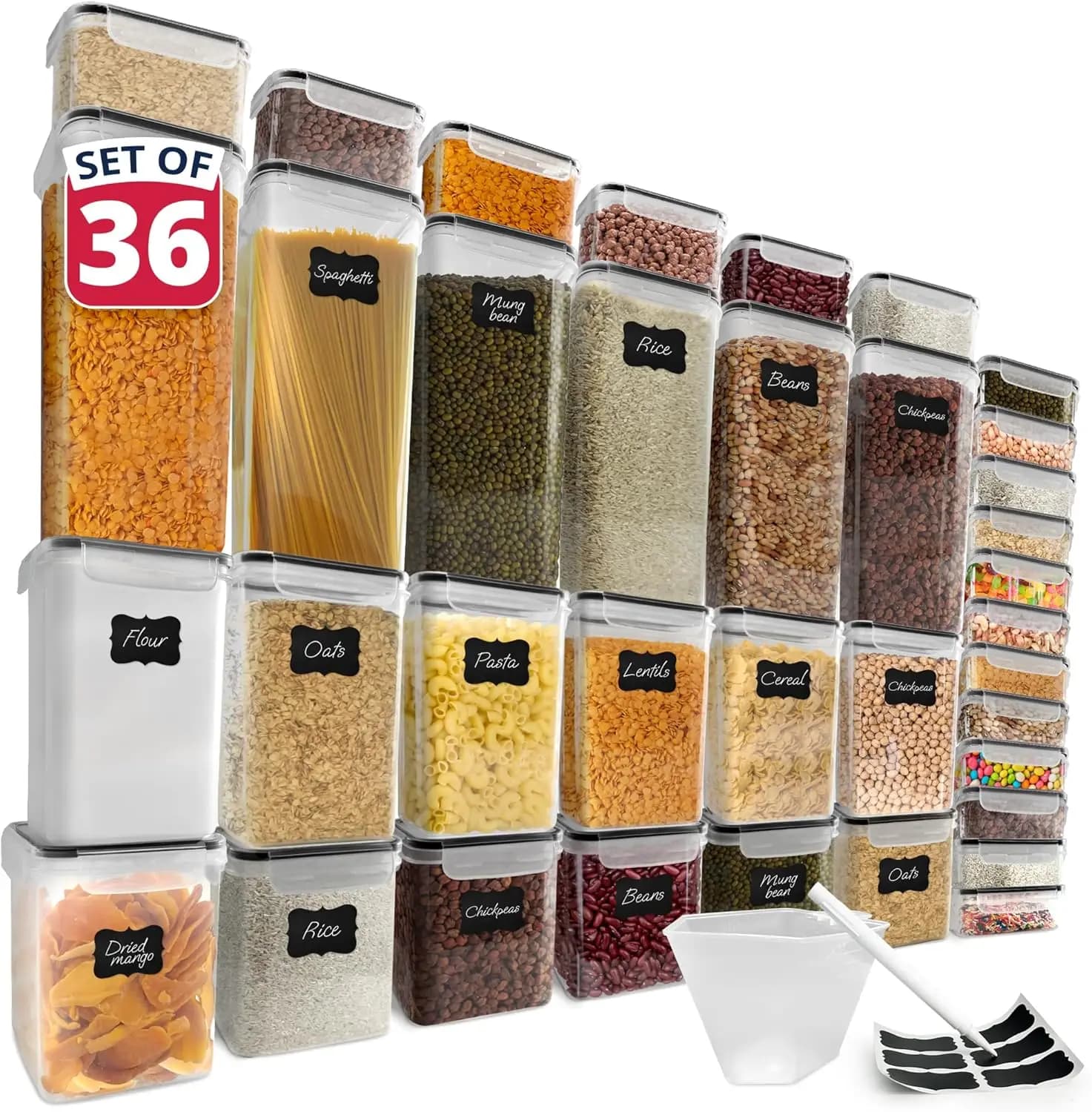 Contenitori Ermetici per Alimenti con Coperchi, Set da 36 Pezzi per Organizzazione Dispensa, con Etichette e Misurino