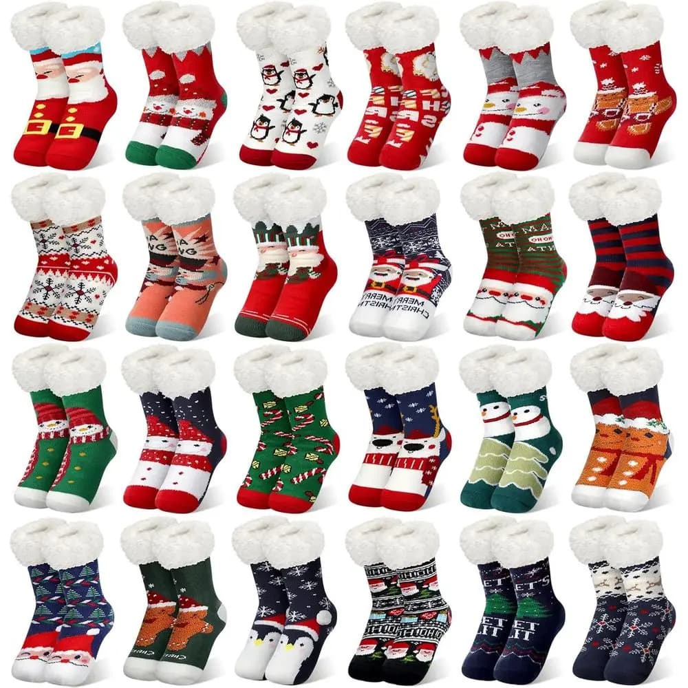 24 pairs festive fleece festives with non-slip sole - Socks Sherpa cozy for Christmas and winter celebrations