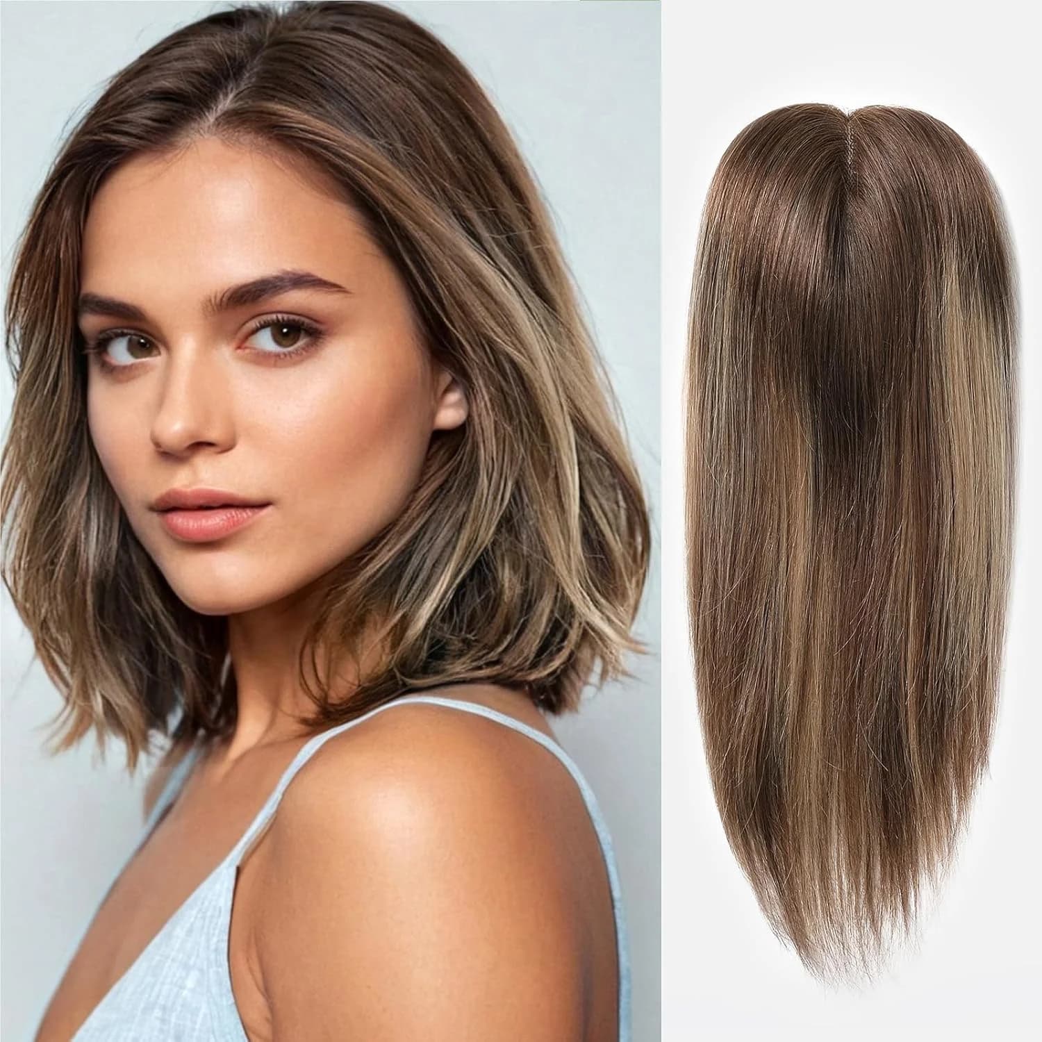 Marrone Biondo Evidenzia Toppers per capelli umani al 100% per donna Mono Top Base in pizzo legato a mano Quattro clip nelle estensioni dei capelli Topper