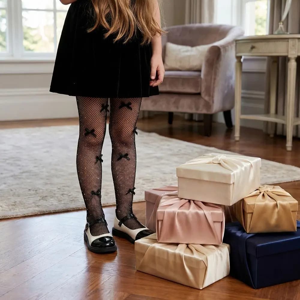 Collant a Rete Colorati per Bambine con Strass e Fiocchi, Collant a Rete in Nylon Traspirante con Texture a Rete, Leggings Scavati JK