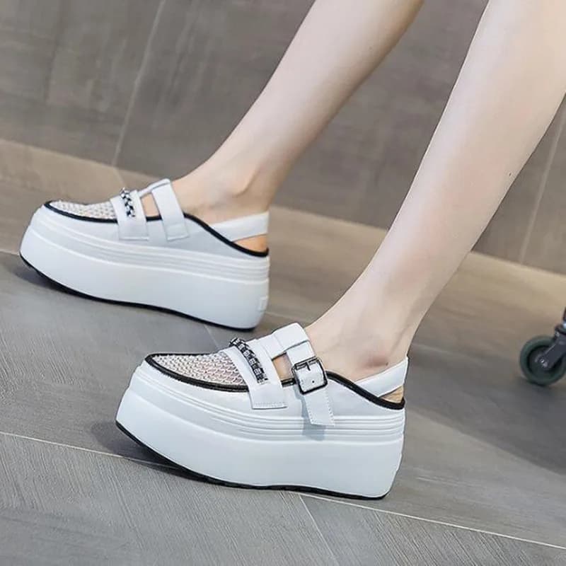 New 8cm Air Mesh Genuine Leather Platform Chunky Sneakers Women Sandals Casual Hollow Rhinestone White 2026 Summer Slippers Shoe