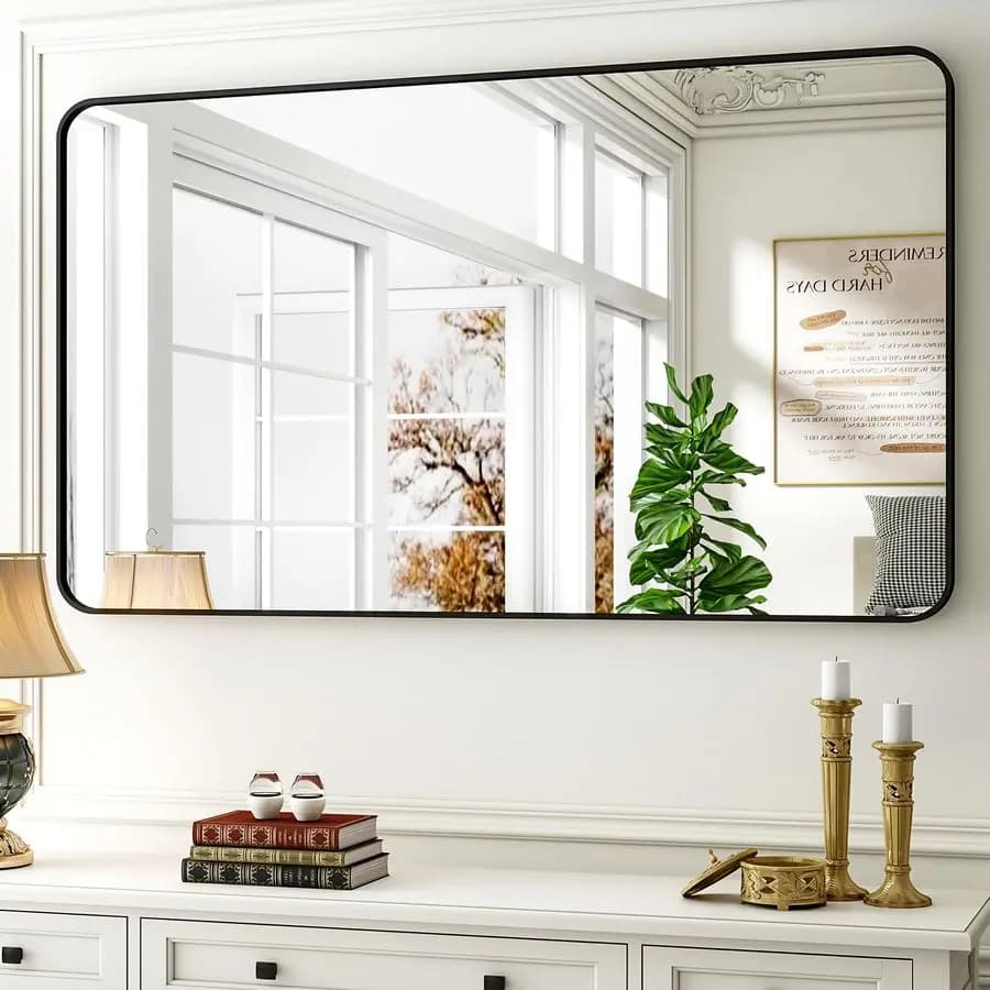 Specchio da bagno x 48 pollici, specchio cosmetico rettangolare arrotondato per parete, specchio moderno per l'arredamento della stanza, Mi montato a parete con cornice nera