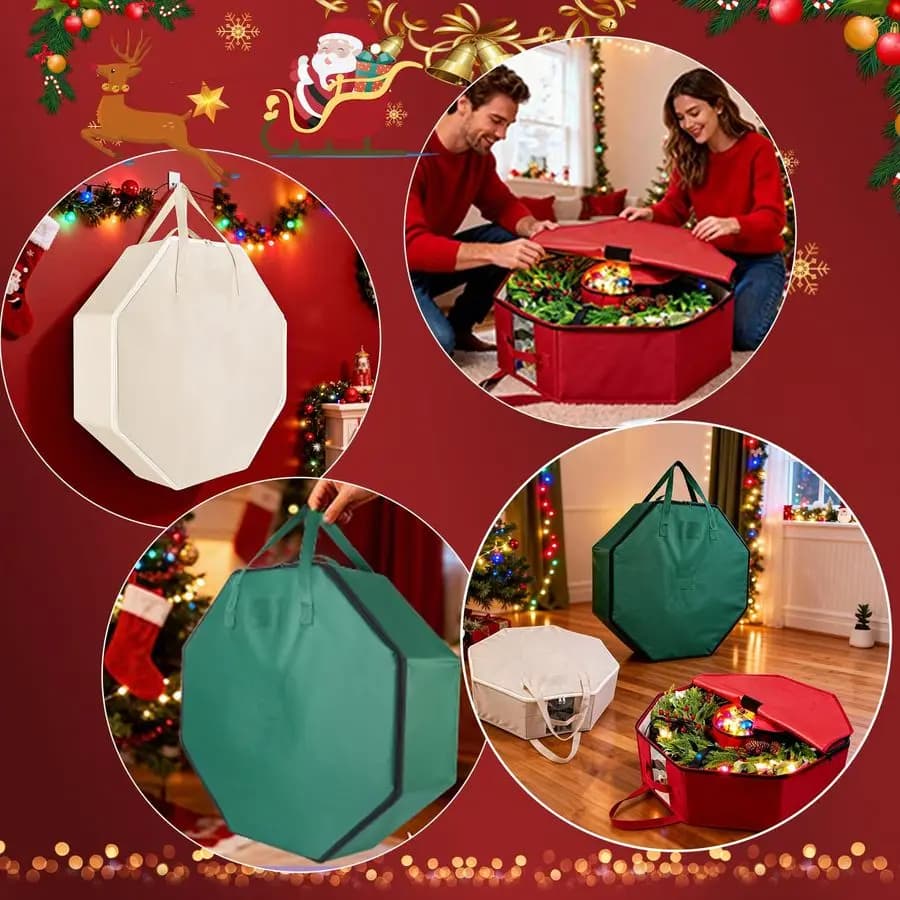 Set di 2 Borse per Conservazione Ghirlande Natalizie con Tasche Interne, Grande Contenitore per Decorazioni Festive con Coperchio