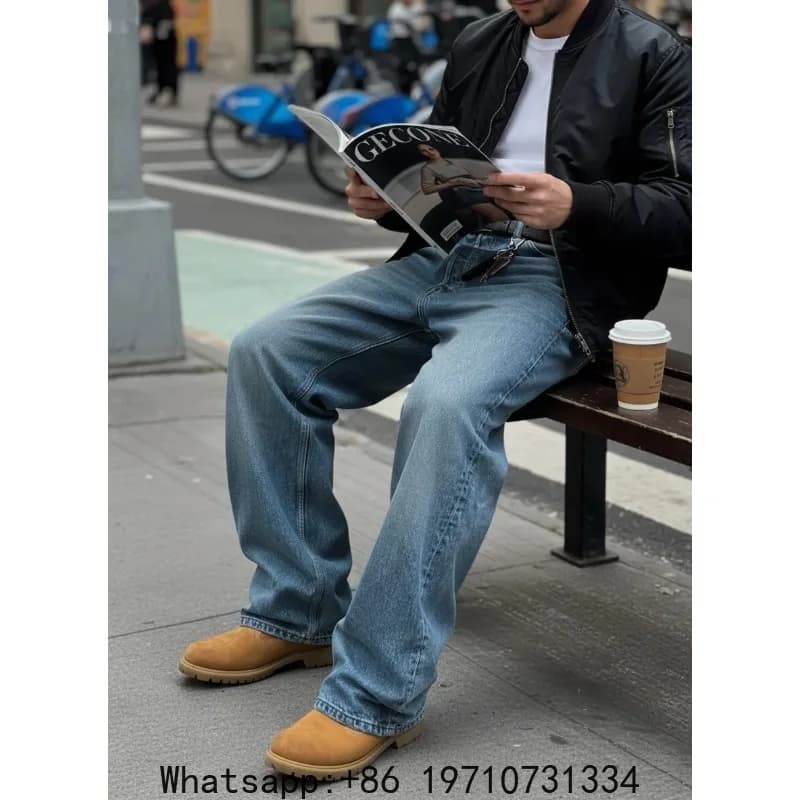 High-quality blue jeans for men, wide-leg straight fit, comfortable, breathable, versatile, casual men's long pants