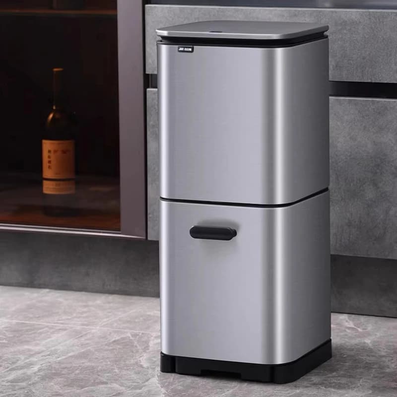 ‌ Bidone della spazzatura a doppio scomparto in acciaio inossidabile, cestino per rifiuti estraibile con coperchio, bidone della spazzatura da cucina mobile, cestino per carta asciutto/lavabile