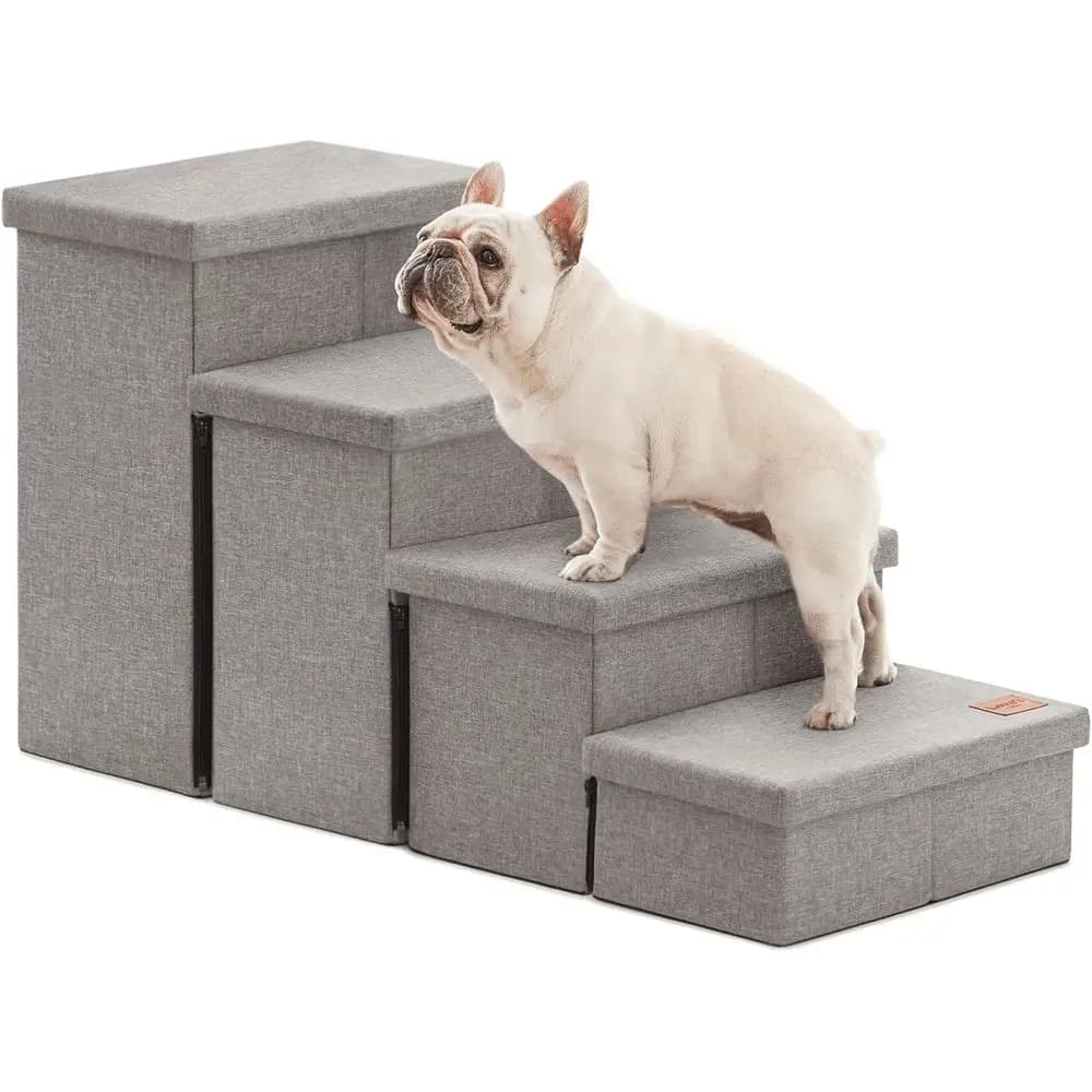 Dog Stairs with Storage and Adjustable Steps, Medium or Large Dogs, 4-Step Gray, Holds up to 200 lbs, Solid Grey