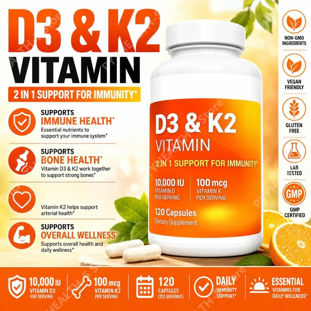 Vitamin D3 K2 MK-7 Capsules, 120 Count Adult Wellness Supplement with Magnesium Zinc B6, Non-GMO Gluten Free