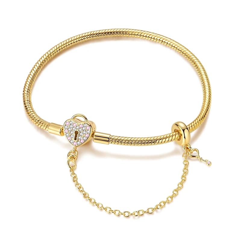 Bracciale in Argento Sterling 925 Placcato Oro con Catena a Serpente e Lucchetto a Cuore, Gioiello Romantico per Donne