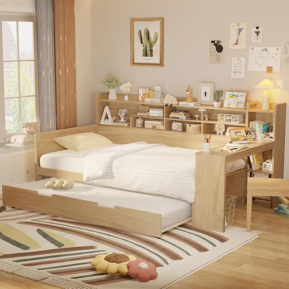 Twin Size Daybed, Wooden Soa Bed e with Twin Size Trundle, Storage Shelves, and Study Desk or Bedroom, Wood Slat Support, No Box