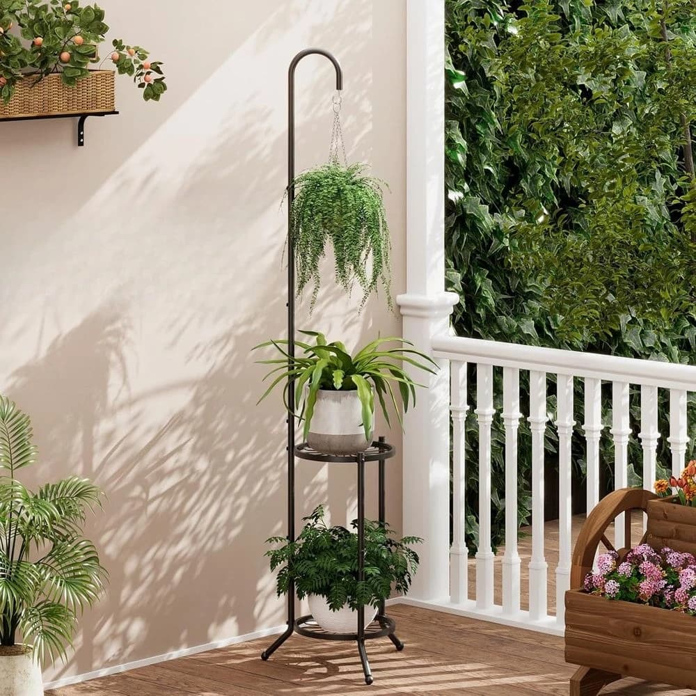 Supporto per Piante a 2 Livelli Salvaspazio, Porta Piante in Ferro per Interni/Esterni, 3 Portavasi per Balcone, Soggiorno, Patio, Giardino