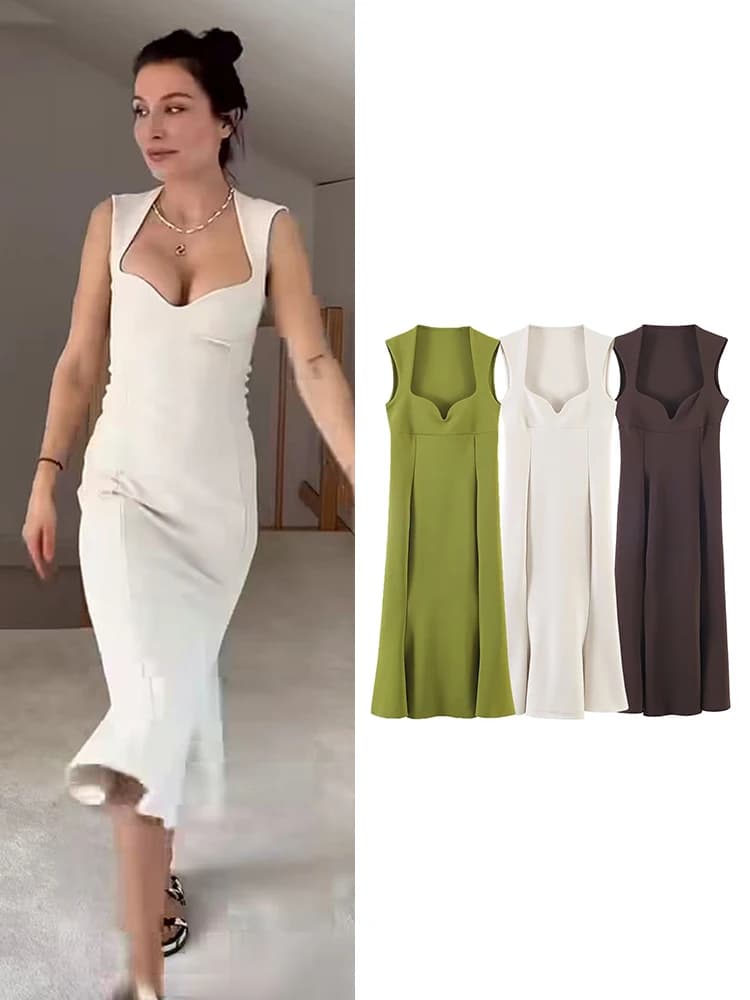 TFMLN 2026 Nuovo Abito Sexy con Scollo a Cuore per Signore, Vestito Midi Senza Maniche, Moda Femminile Vintage Elegante Aderente