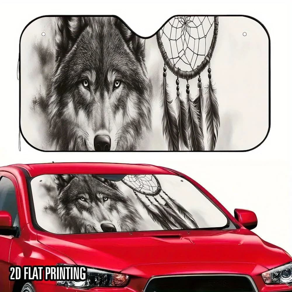 1pc Wolf & Dreamcatcher Car Sunshade - Stylish Foldable UV Protection Shade With 4 Suction Cups, Space-Saving Storage For SUVs,