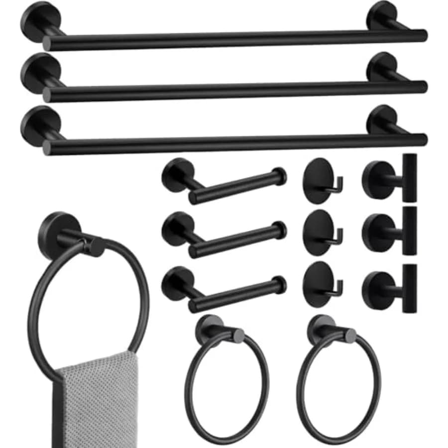 Set di accessori per il bagno neri opachi da 23,6 pollici, 15 pezzi, include 3 portasciugamani da 23,6 pollici, 3 anelli portasciugamani, 3 porta carta igienica, 6 pezzi.