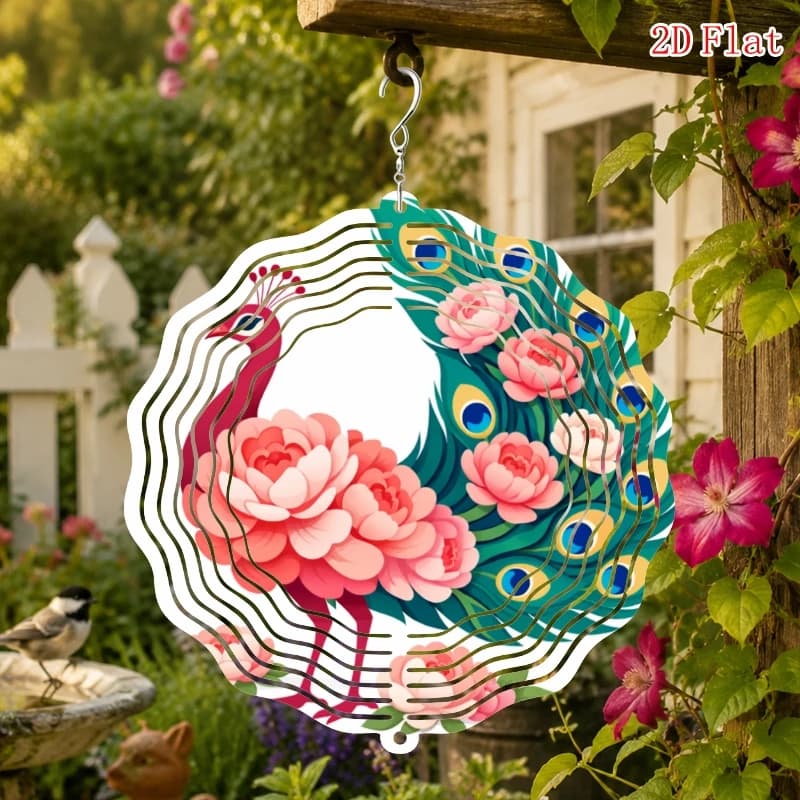 1pc, 360 Rotating Hook Windmill Decoration, Flower and Peacock Pattern Metal 3D Rotating Wind Chime