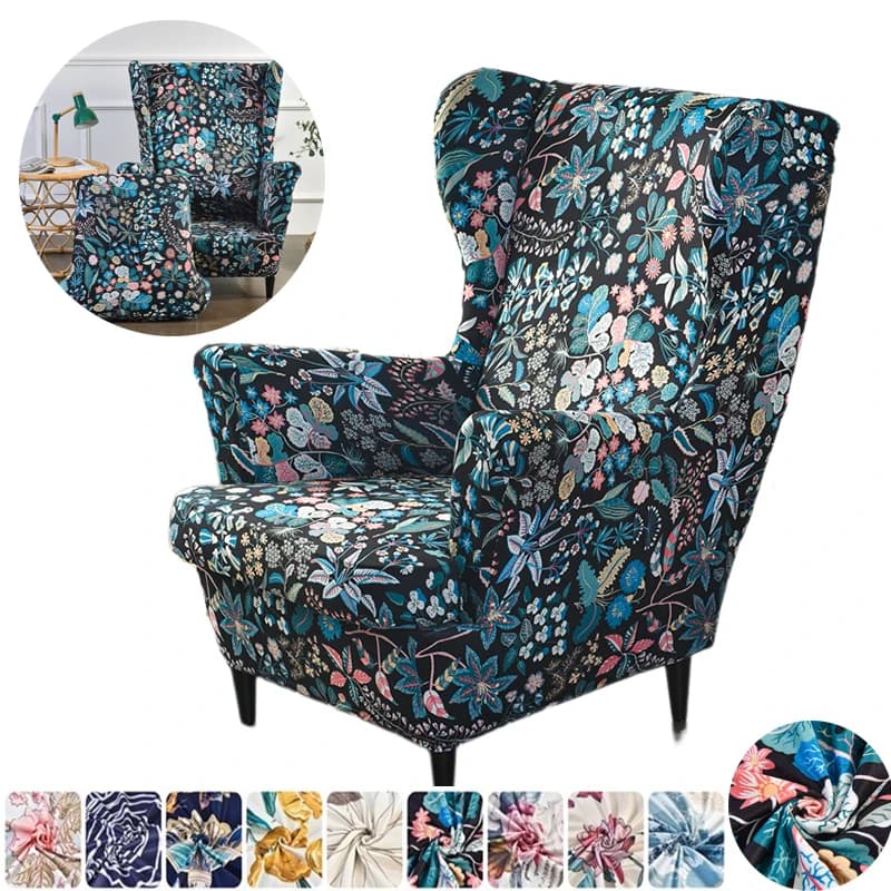 Floral style bohémien wing chair lining for sofa with wing back in elastic spandex Lining for armchair with pillowcase for living room