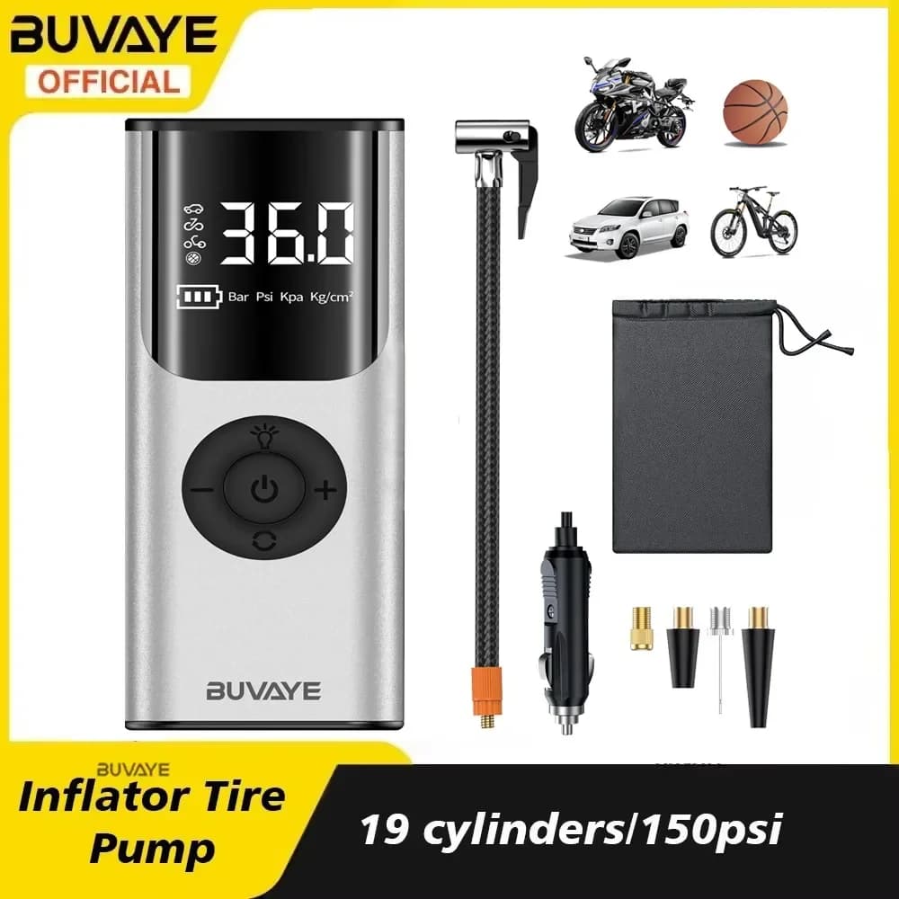 BUVAYE Mini Gonfiatore Pompa per Pneumatici Gonfiatore per Pneumatici 150PSI Gonfiaggio Automatico Digitale Compressore d'Aria Senza Fili per Bicicletta Moto