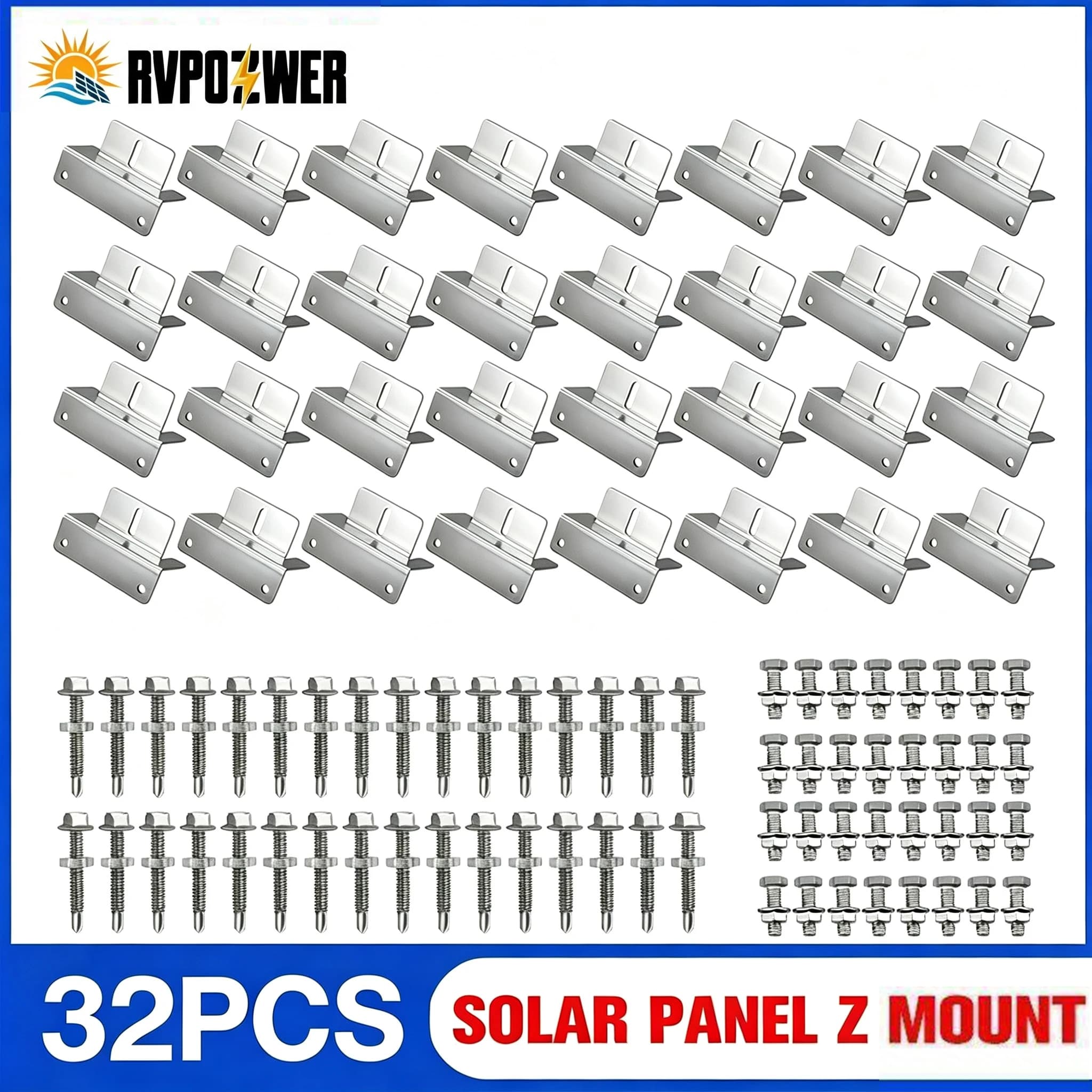 RVPOZWER Solar Panel Mounting Z Brackets 16/32 Pcs Lightweight Aluminum Rust & Corrosion Free Roof Mount Kit for Caravan RV Boat Off-Grid Solar System