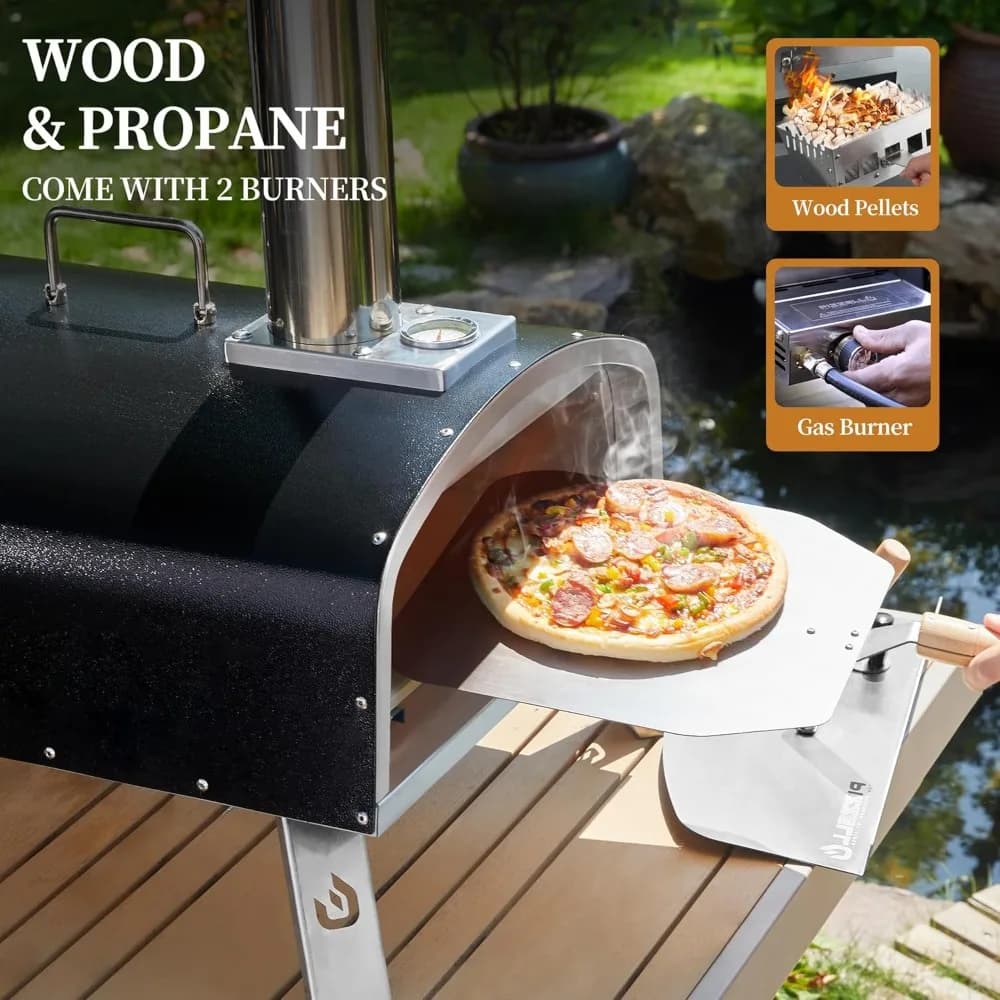 Forno per pizza da esterno da 16 pollici, propano e griglia per pizza in acciaio inossidabile con bruciatore a gas, vassoio in legno, pietra per pizza