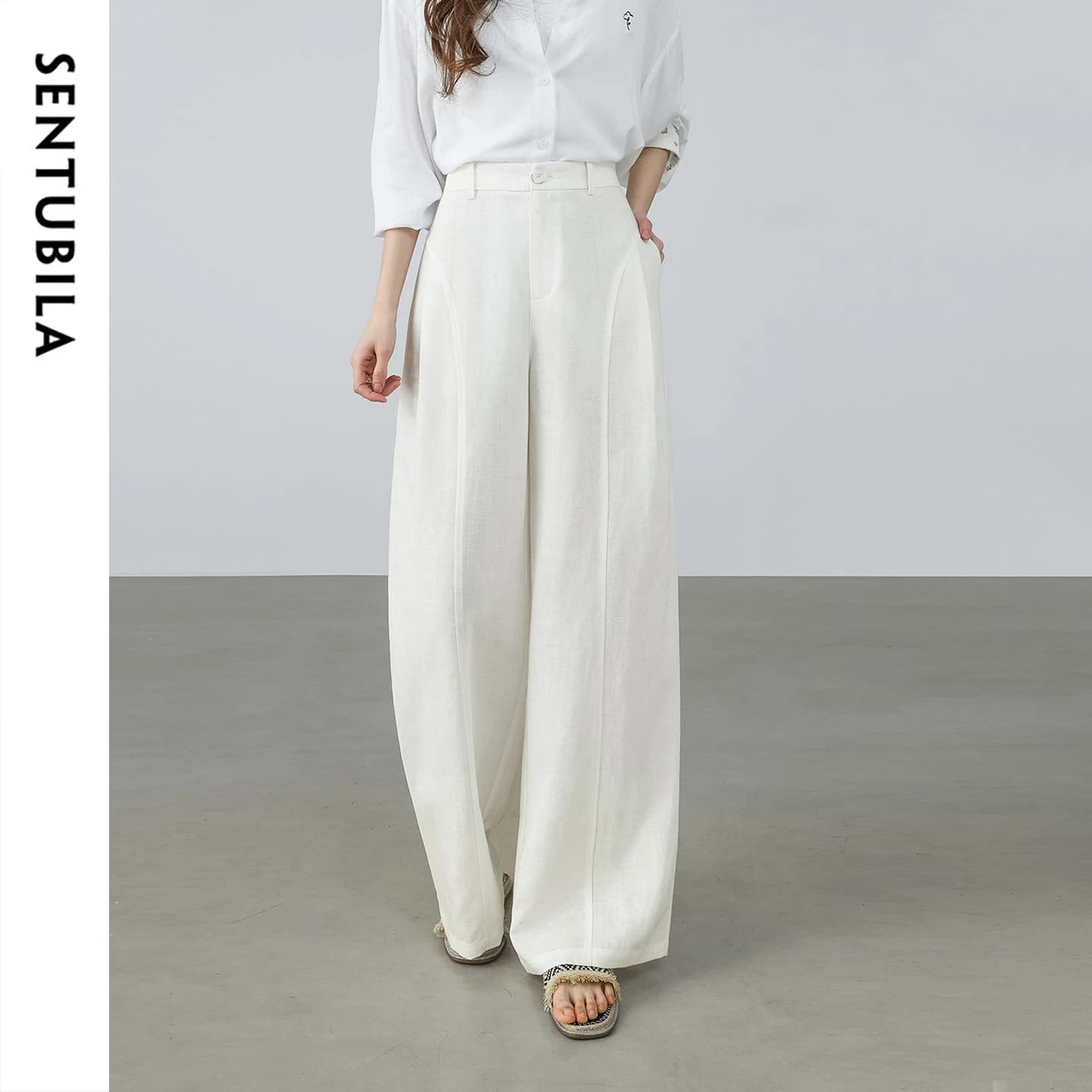 SENTUBILA Pantaloni Bianchi da Donna in Misto Lino e Lyocell, Gamba Larga, Collezione Primavera 2026, Pantaloni Lunghi a Vita Alta di Tendenza per Signore 161K80360
