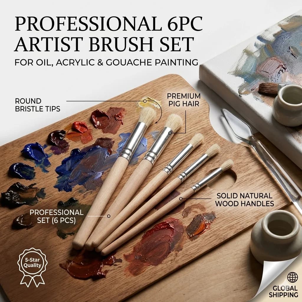 Set di 6 Pennelli per Pittura a Olio Piggy Mane, Testa Rotonda, Manico in Legno, Setole Dure, Pennello Professionale per Arte e Pulizia