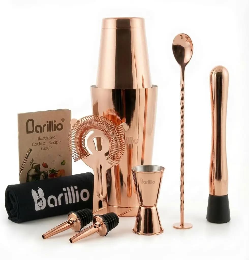 Set Shaker Boston in Acciaio Inox, 9 Pezzi, Shaker per Cocktail Color Oro Rosa con Colino e Miscelatore, Accessori per Bar Domestico