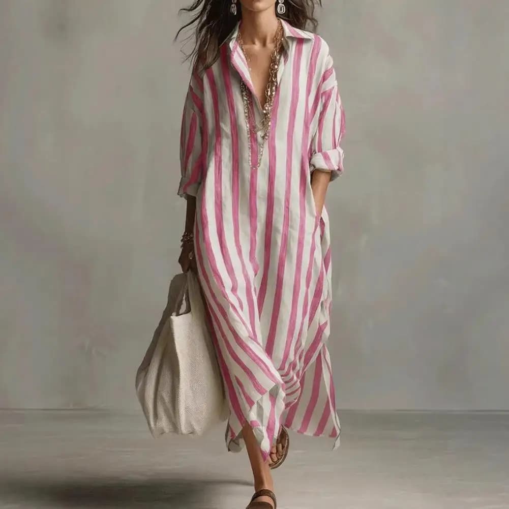 Abito Camicia Largo da Donna, Vestito Lungo Casual a Maniche Lunghe con Scollo a V a Righe, Abito Maxi da Viaggio e Vacanza con Tasche, Abbigliamento Femminile