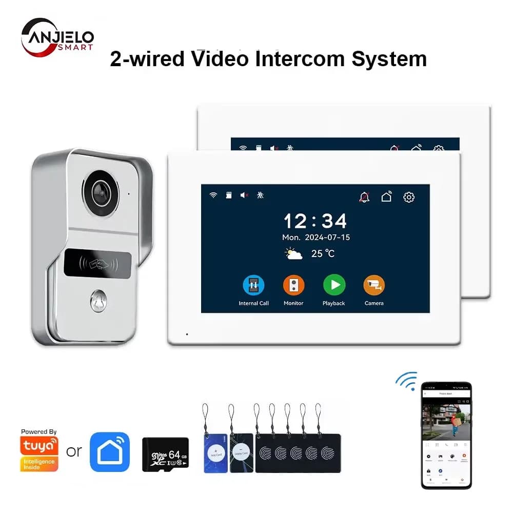 Anjielo Tuya Smart Wifi Sistema videocitofonico citofonico a due linee, touch screen 7/10 per campanello domestico, supporto telecamera IP