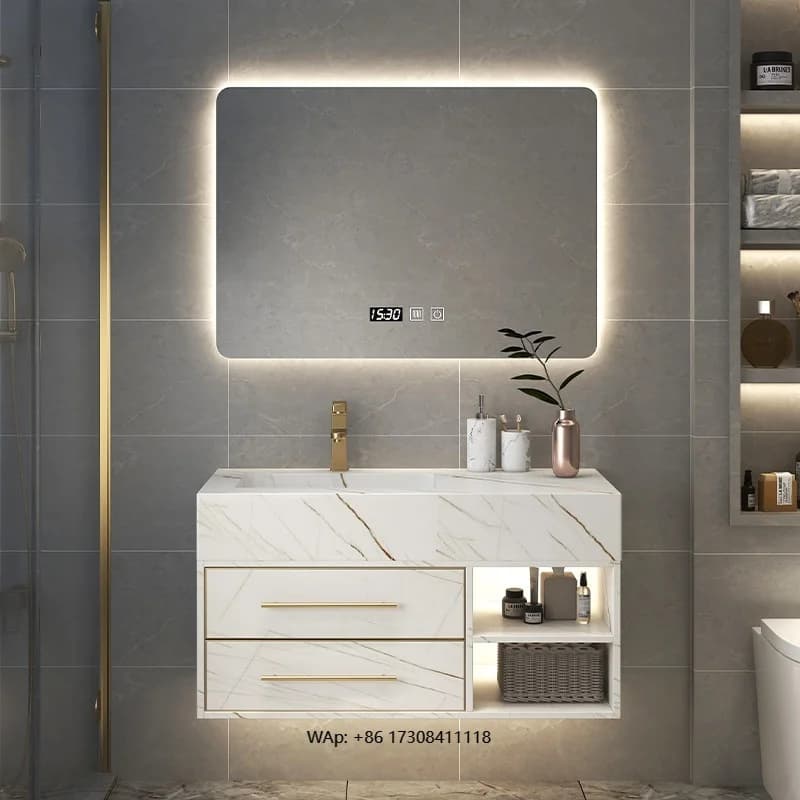 Mobiletto da bagno moderno e leggero, da appoggio in granito artificiale, specchio intelligente, durevole, resistente all'acqua, 5 anni di garanzia