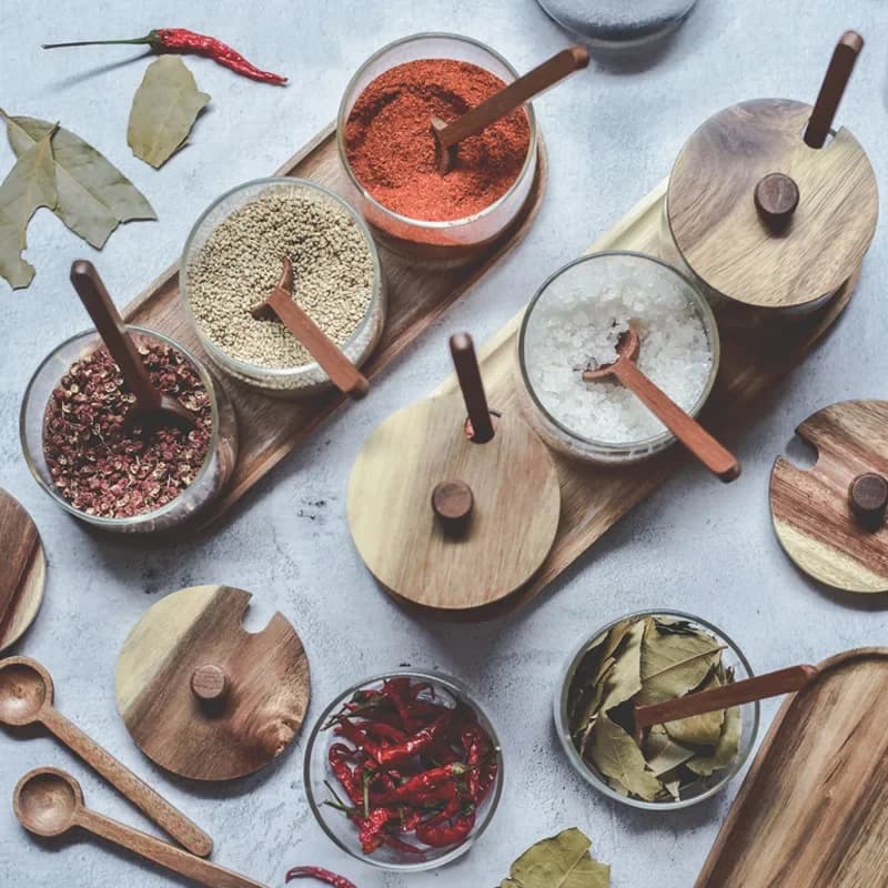3pcs Spice Jars Container Set with Spoon Wooden Lid Airtight Glass Jar Salt Sugar Pepper Herbs BBQ Seasoning Bottle Kitchen