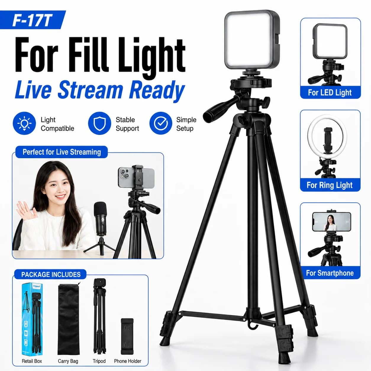 F-17T 60 Inch Camera Tripod Stand with Phone Holder Portable Iron Tube Tripod for DSLR Camera Smartphone Video Recording Live St