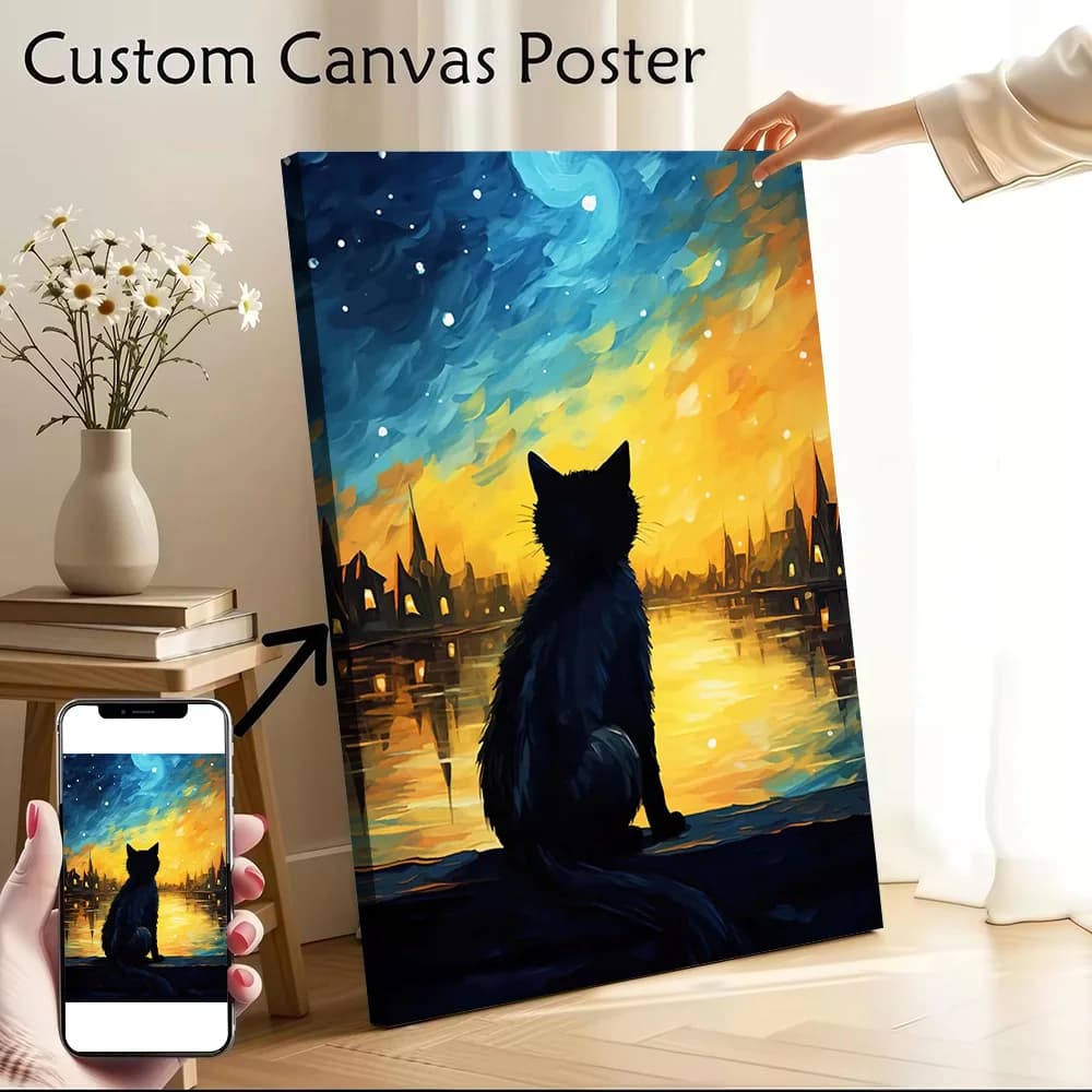Cat Starry Night Van Gogh Canvas Wall Art Poster Personalized Photo Printing Perfect Gift for Room Decorating Interior Wand Deko