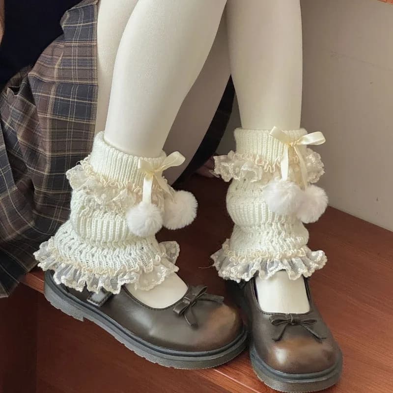 Lolita Knit Leg Warmers Lace Ruffle Ball Pom Pom Socks Sweet Kawaii Style Boot Covers for JK Cosplay