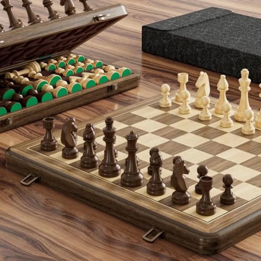 15 Inch Magnetic Wooden Chess Set, Rubberwood Folding Chessboard with Brown Dual-Sided Storage Trays, 2 Extra Queens and Dust-P