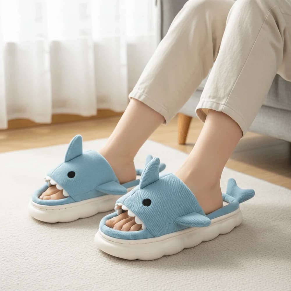 Simpatiche pantofole di squalo di lino Scivoli Mocassini Scarpe invernali Pantofole soffici invernali Animali antiscivolo Pantofole di pelliccia calde Dormitorio