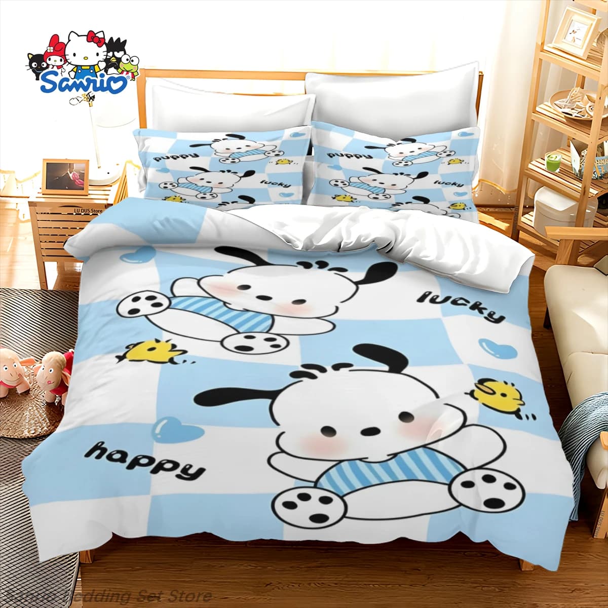 Set di Biancheria da Letto Kawaii Sanrio Pochacco Blu Verde, Copripiumino Anime Carino per Bambini e Adolescenti, Decorazione Camera da Letto, Regalo, Misure Queen e King