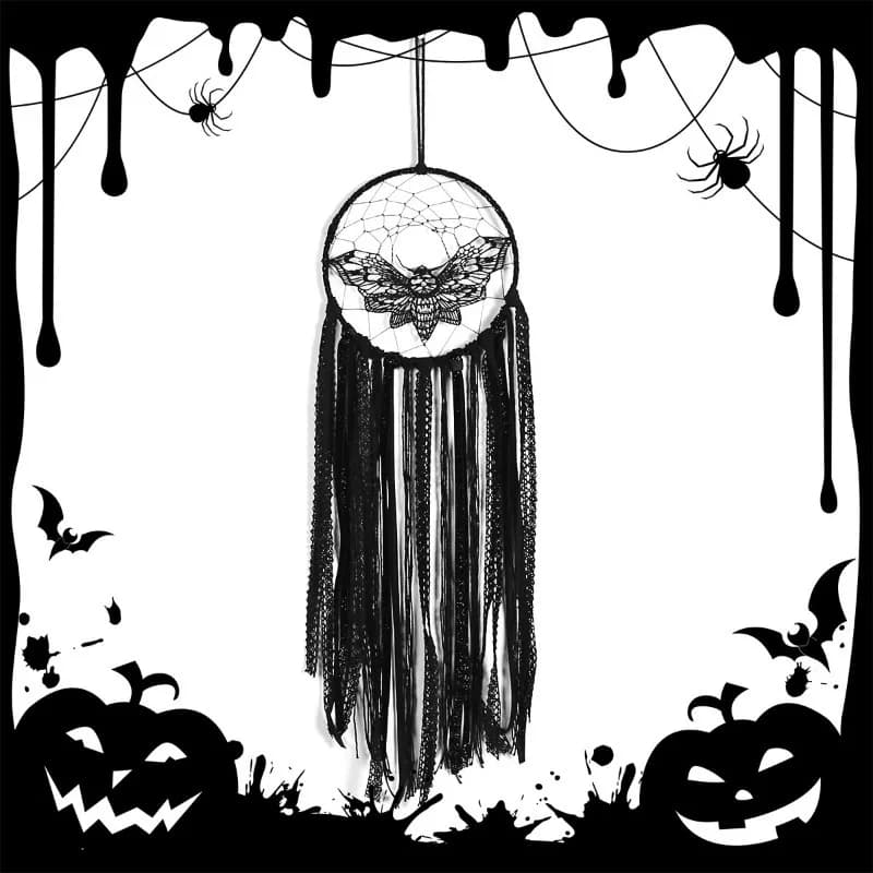 Halloween Party Decoration Creative Black Moth Dream Catcher Hanging Spooky Wall Ornament Cotton Moth Bat and Moon Wall Tapestry