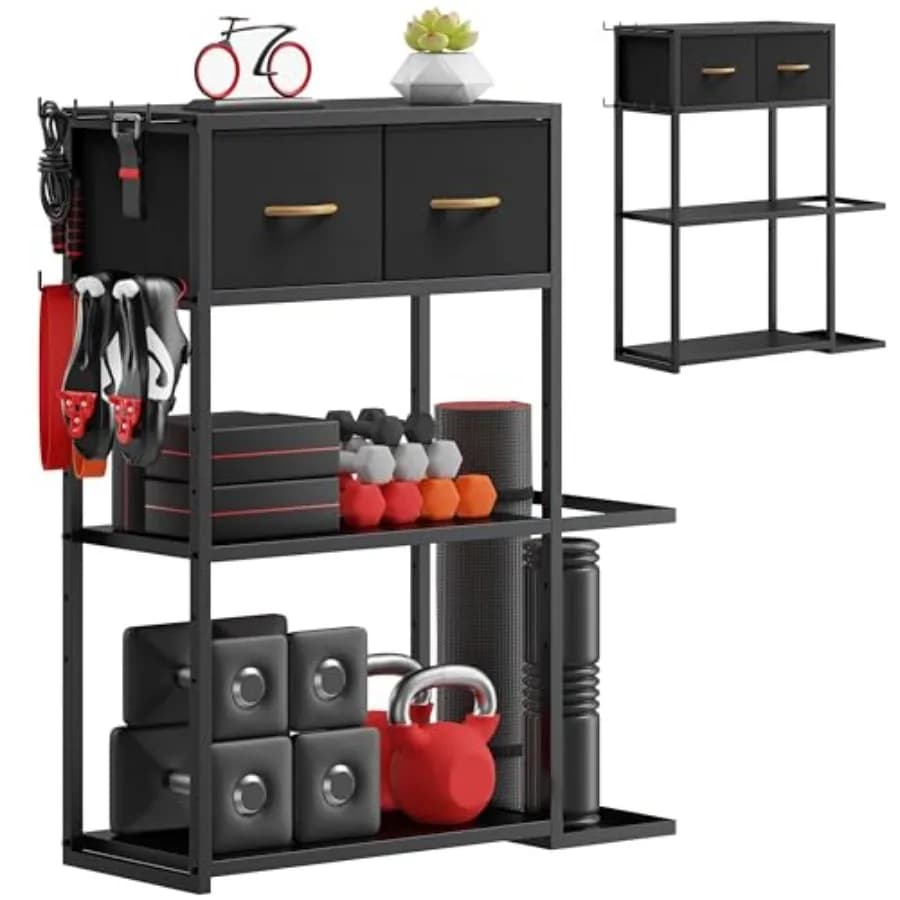 Scaffale portaoggetti per palestra domestica (solo supporto), porta pesi regolabile per manubri con cassetto superiore aggiuntivo, per pesi, tappetini e attrezzature da allenamento