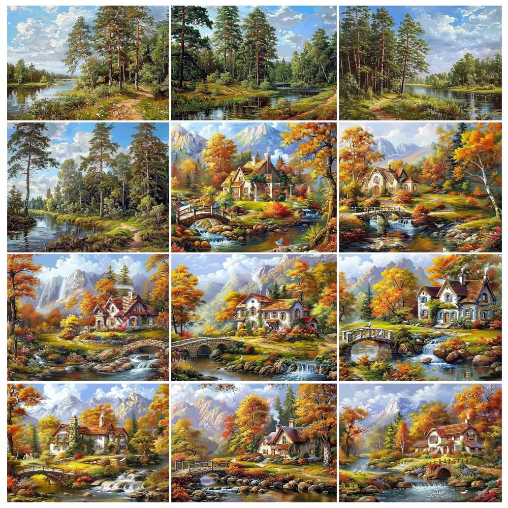 Hand Painting Riverside Scenery House Landscape Acrylic Paint By Numbers Kit DIY Artwork Canva Art Home Decoration Gift