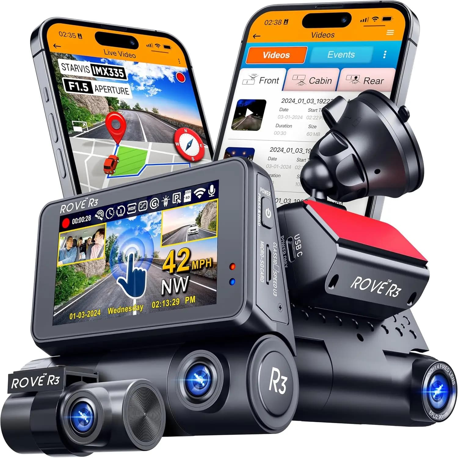 R3 Dash Cam Front and Rear with Cabin, 3” IPS Touch Screen, 3 Channel Dash Cam 1440P+1080P+1080P, IR Night Vision, 5GHz WiFi, Up