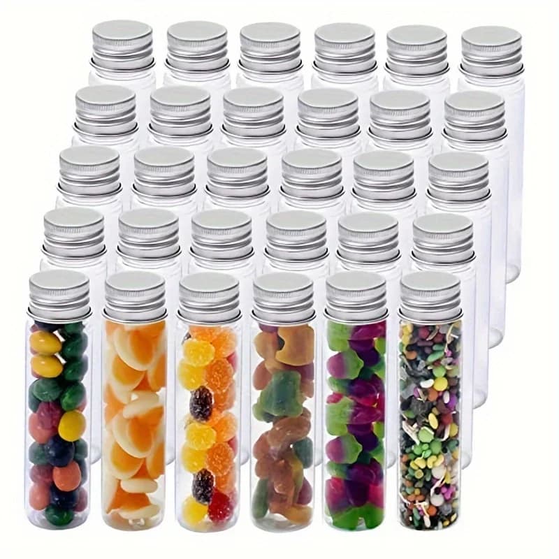 Transparent Provettes with Aluminium Screw Caps, Plastic Containers for Caramels, Bath Salts, Granules and Liquids