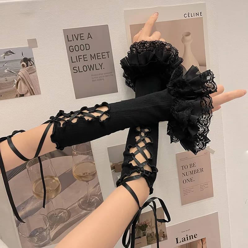 Lace Gloves with Ballet Strap Lolita Y2K Sleeve for Gothic Solar Protection without fingers Clothing accessories Lolita da donna Gloves punk anime in net