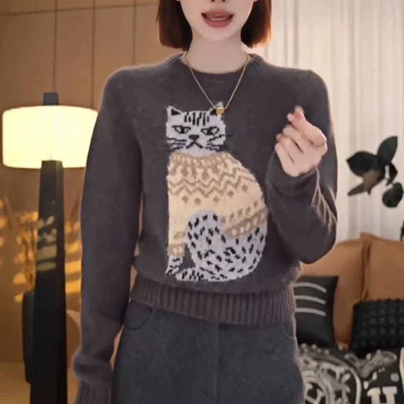 Autumn Winter New Round Neck Long Sleeve Fashion Sweater Women High Street Printing Pullovers Vintage Elegant All-match Tops