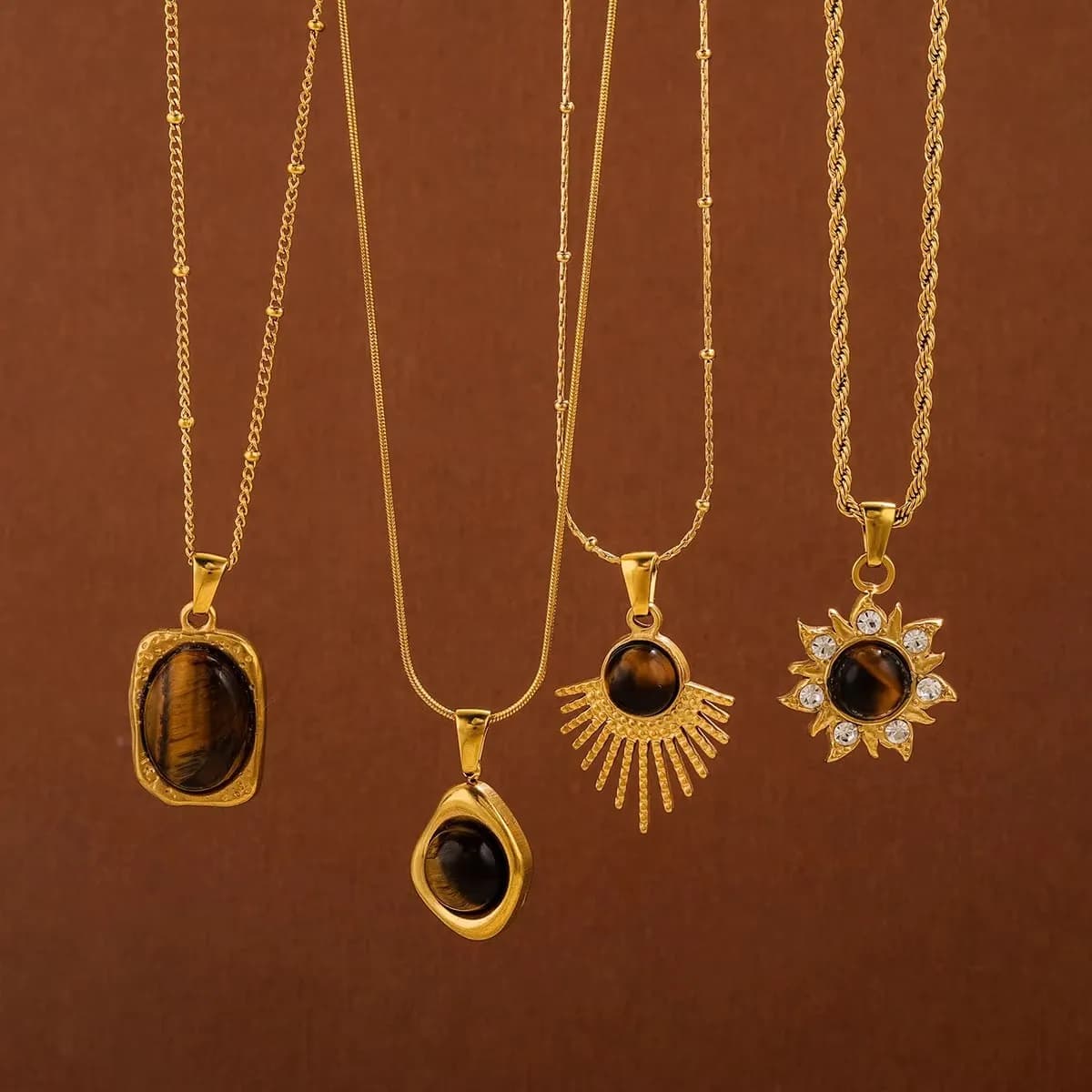 1 PCS Stainless Steel Brown Tiger Eye Stone Pendant Necklace for Women Men Vintage Fine Sweater Chain Jewelry Accessories 2024