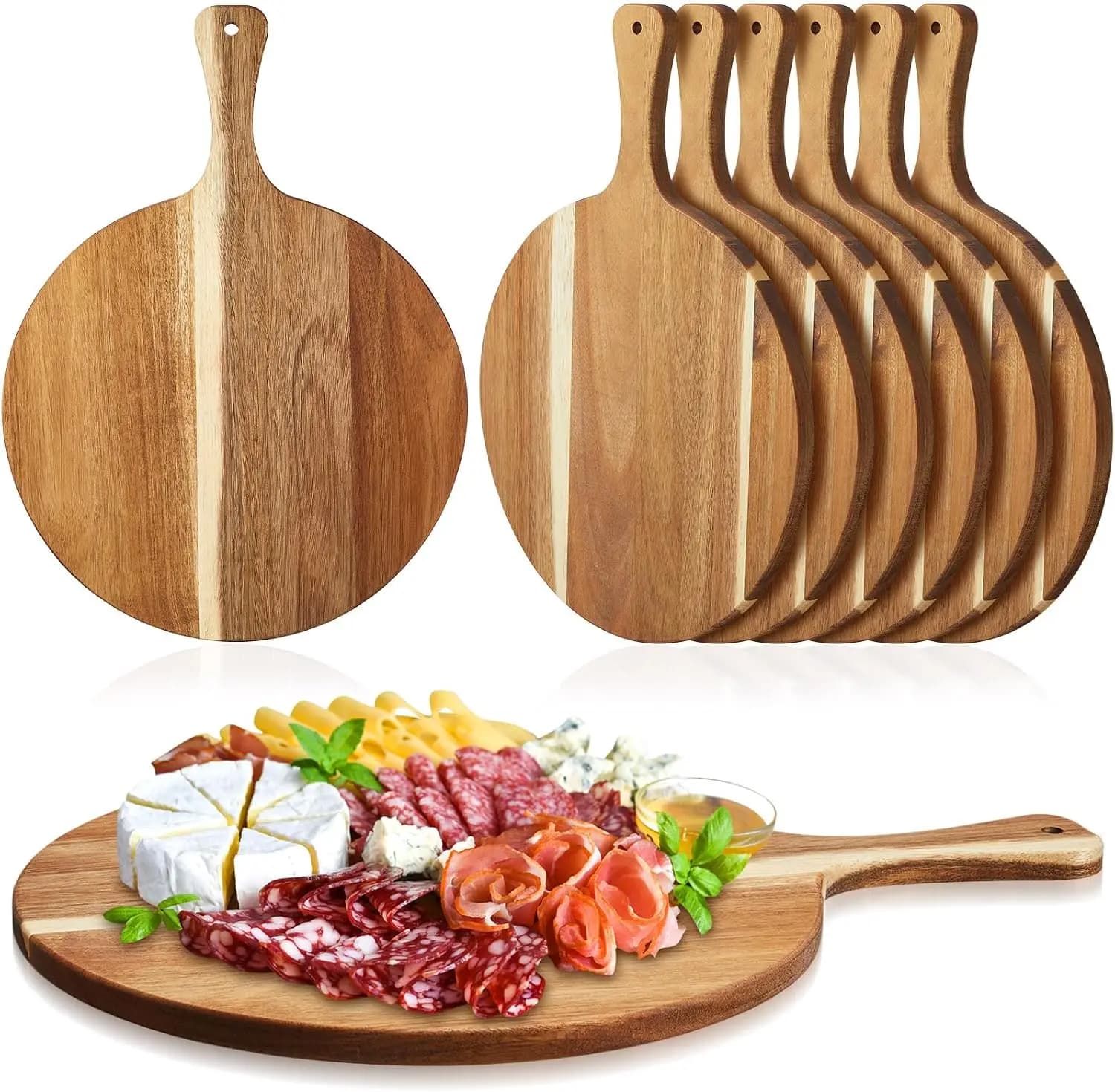 6 Pcs Acacia Wood Round Cutting Board Set 0.6" Thick Charcuterie Board with Handle Large Wooden Chopping Paddle for Pizza Cheese Meat Fruit 12x16 Inch