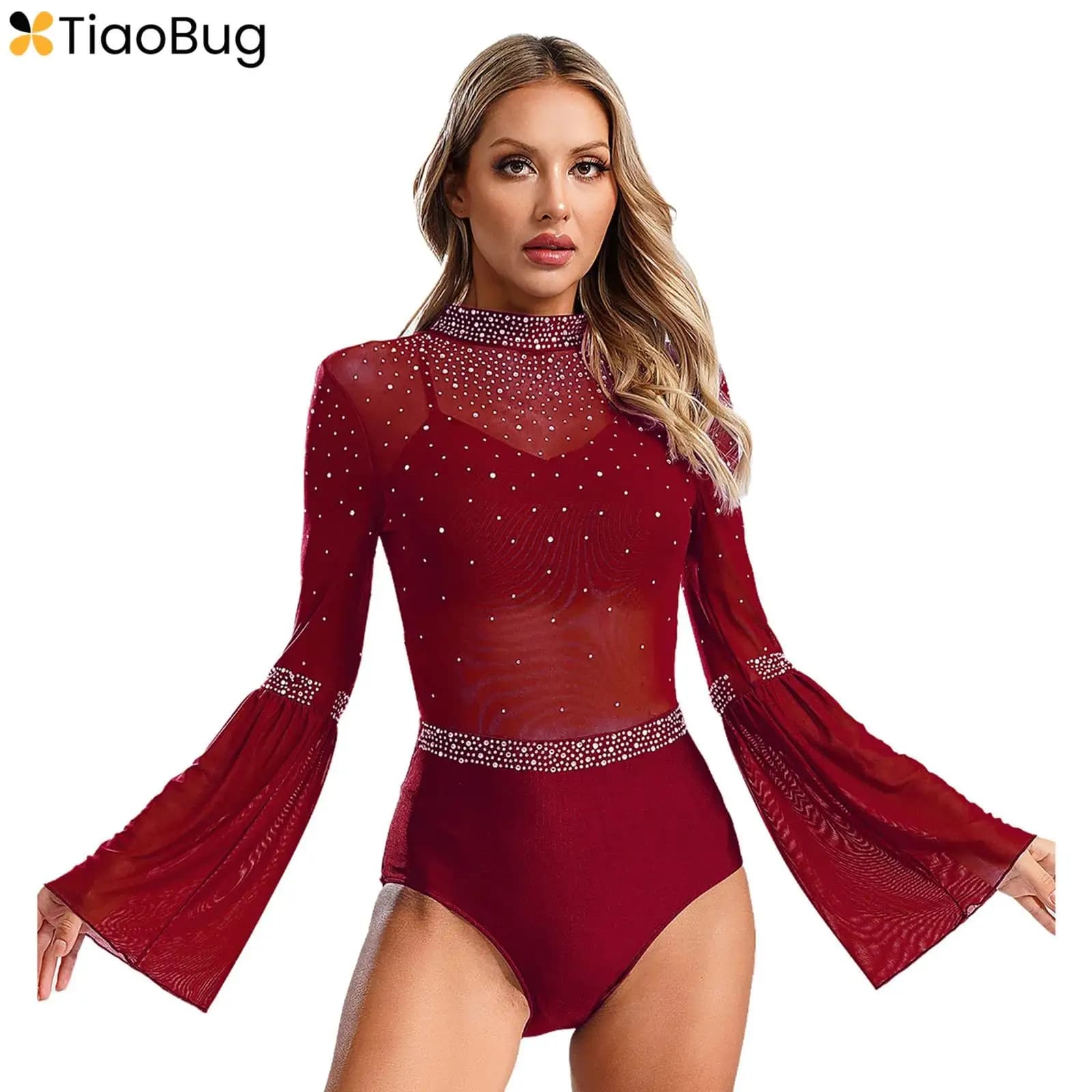 Body da ginnastica per pattinaggio di figura da donna, collo a lupetto, manica svasata, senza schienale, strass scintillanti, abbigliamento da ballo, body da ballo per balletto