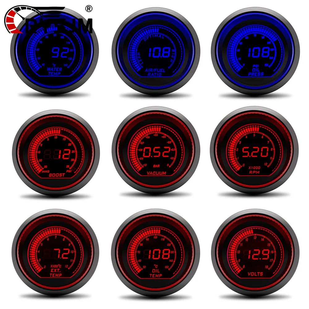 52 MILLIMETRI Rosso Blu Doppio LED Temperatura Dell'acqua Temperatura Dell'olio Aria Rapporto Carburante Pressa Olio Contagiri A Vuoto Boost Gauge Volt Temperatura di Scarico Auto contatore