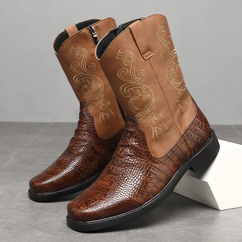 Women's High and Wide Cowboy Boots Autumn 2025 Vintage Riding Boots from Western Embroidered PU Leather with High Tree for Outdoor