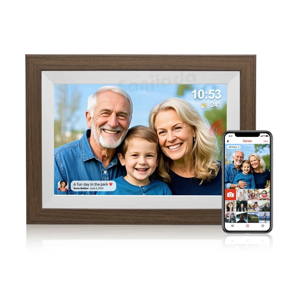 Cornice per foto digitali Frameo, cornice digitale intelligente WiFi da 10,1 pollici con 32G, invia immagini video tramite APP (cornice in legno scuro)